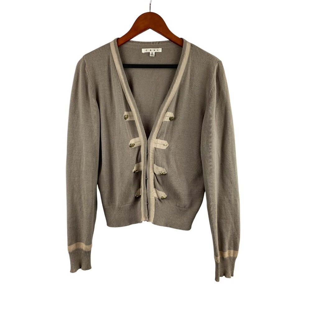 CAbi Womens Cardigan Sweater Size M Military Style Button Front 100% Cotton Beig